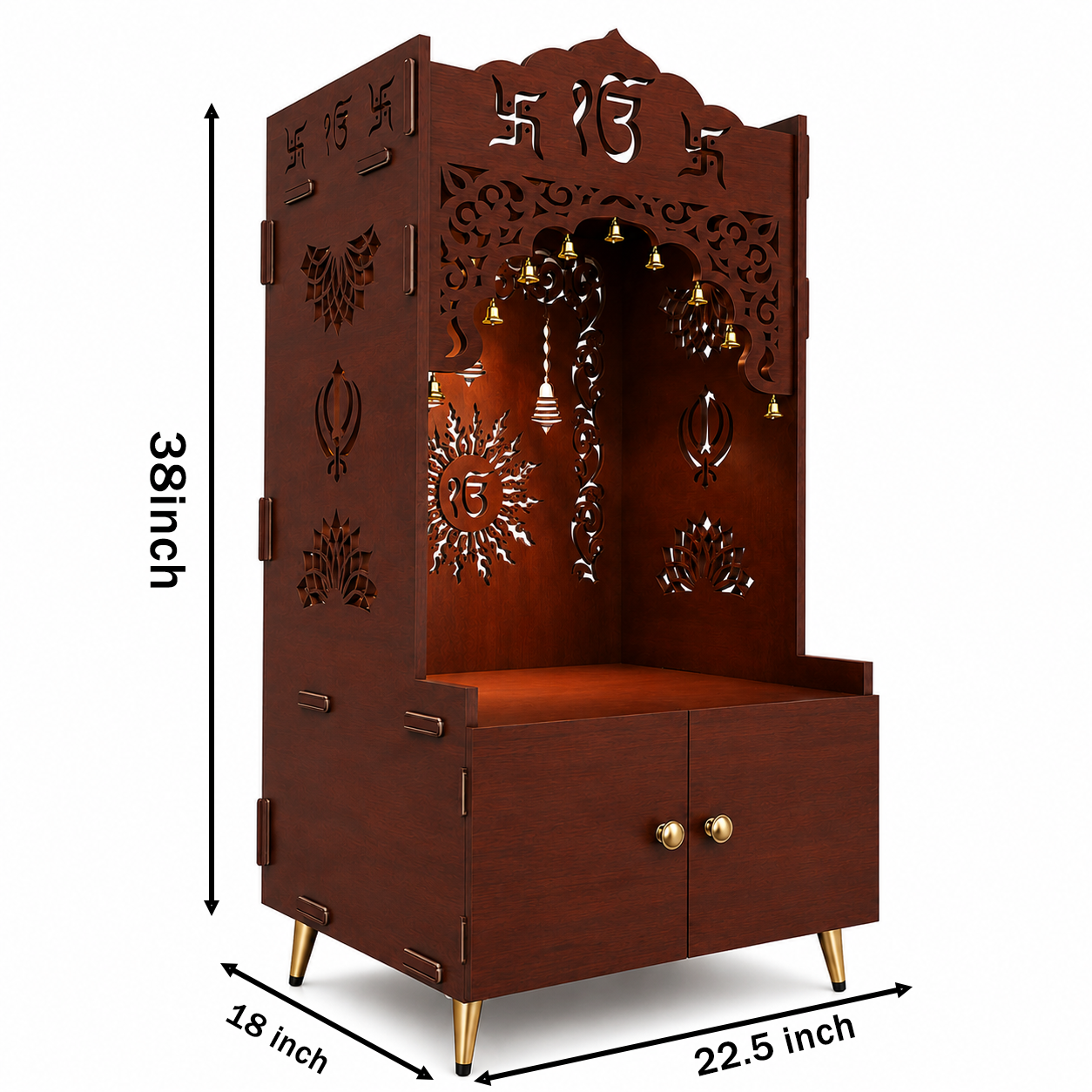 Brown Wooden Floor Pooja Mandir with Ik Onkar & Swastik Design Laser-Cut Bell Motifs Storage Cabinet & Ornate Arch