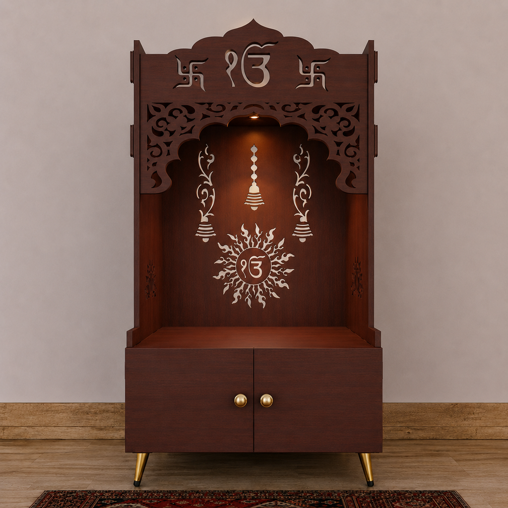 Brown Wooden Floor Pooja Mandir with Ik Onkar & Swastik Design Laser-Cut Bell Motifs Storage Cabinet & Ornate Arch