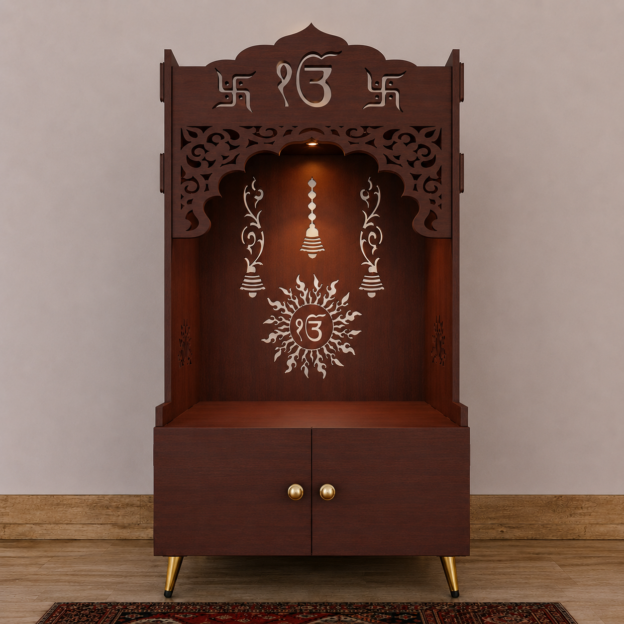 Brown Wooden Floor Pooja Mandir with Ik Onkar & Swastik Design Laser-Cut Bell Motifs Storage Cabinet & Ornate Arch