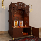 Brown Wooden Floor Pooja Mandir with Ik Onkar & Swastik Design Laser-Cut Bell Motifs Storage Cabinet & Ornate Arch