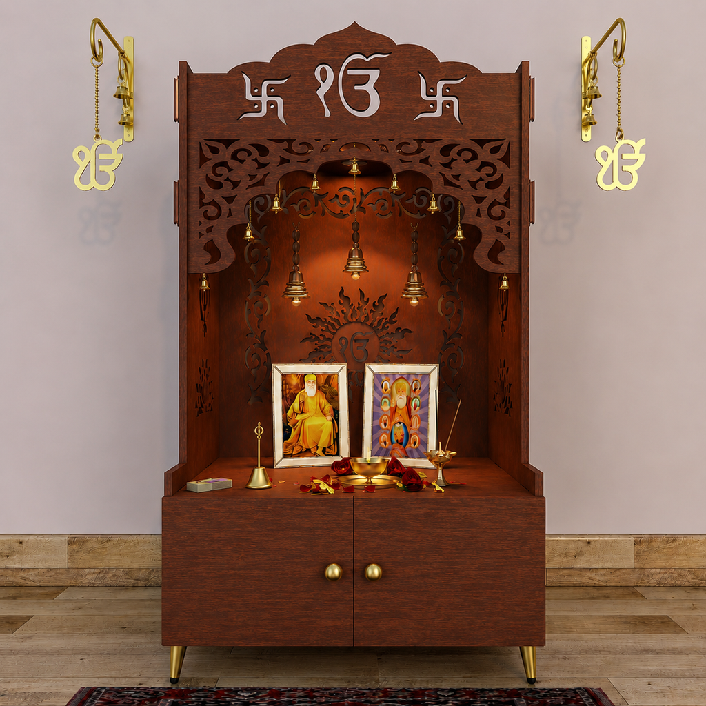 Brown Wooden Floor Pooja Mandir with Ik Onkar & Swastik Design Laser-Cut Bell Motifs Storage Cabinet & Ornate Arch