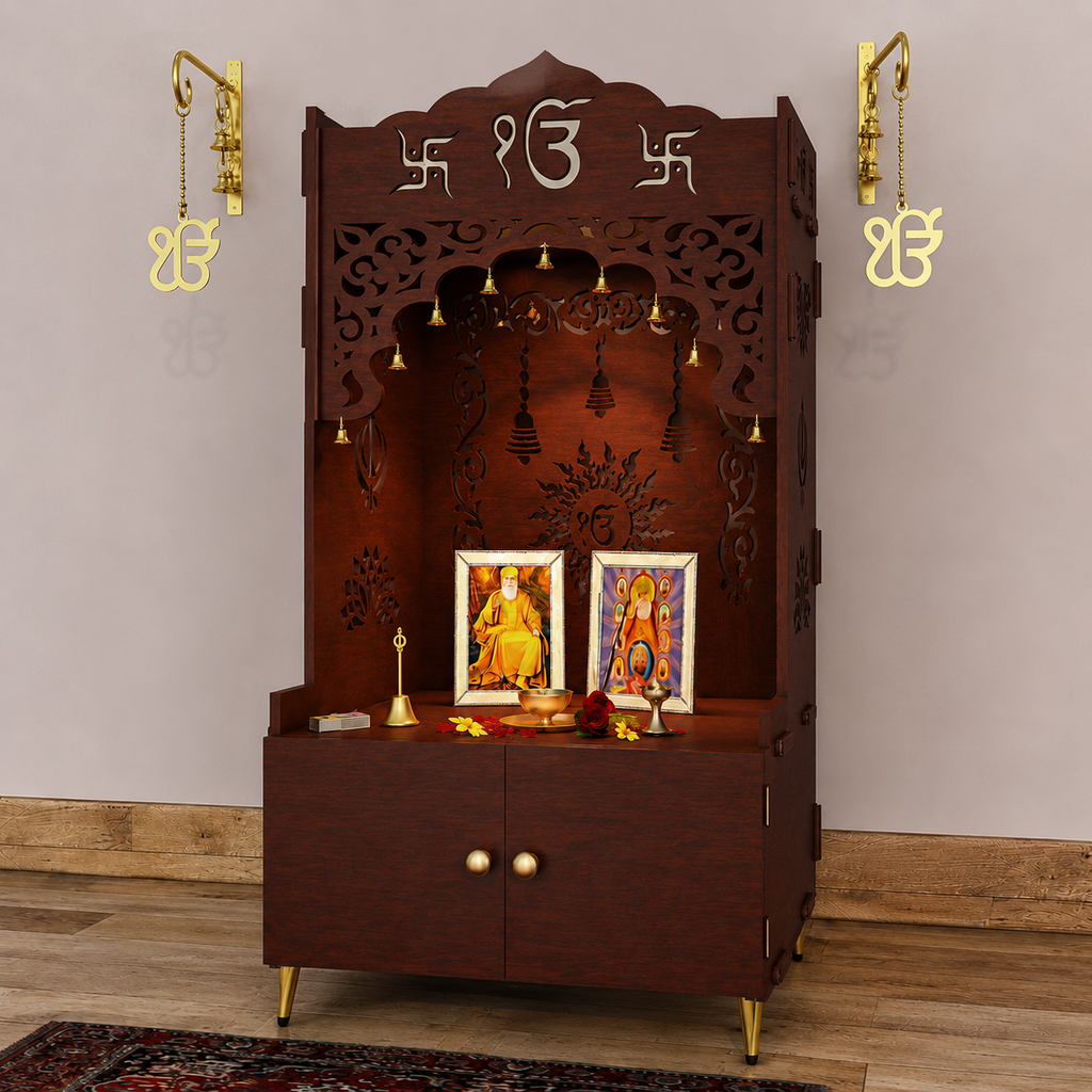 Brown Wooden Floor Pooja Mandir with Ik Onkar & Swastik Design Laser-Cut Bell Motifs Storage Cabinet & Ornate Arch