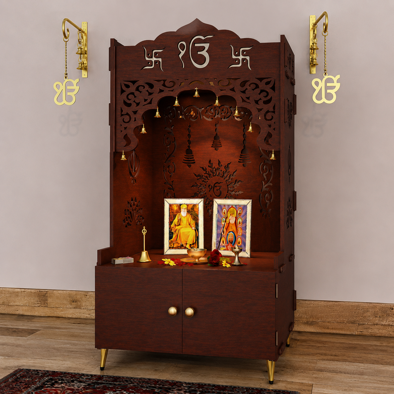 Brown Wooden Floor Pooja Mandir with Ik Onkar & Swastik Design Laser-Cut Bell Motifs Storage Cabinet & Ornate Arch