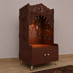 Brown Wooden Floor Pooja Mandir with Ik Onkar & Swastik Design Laser-Cut Bell Motifs Storage Cabinet & Ornate Arch