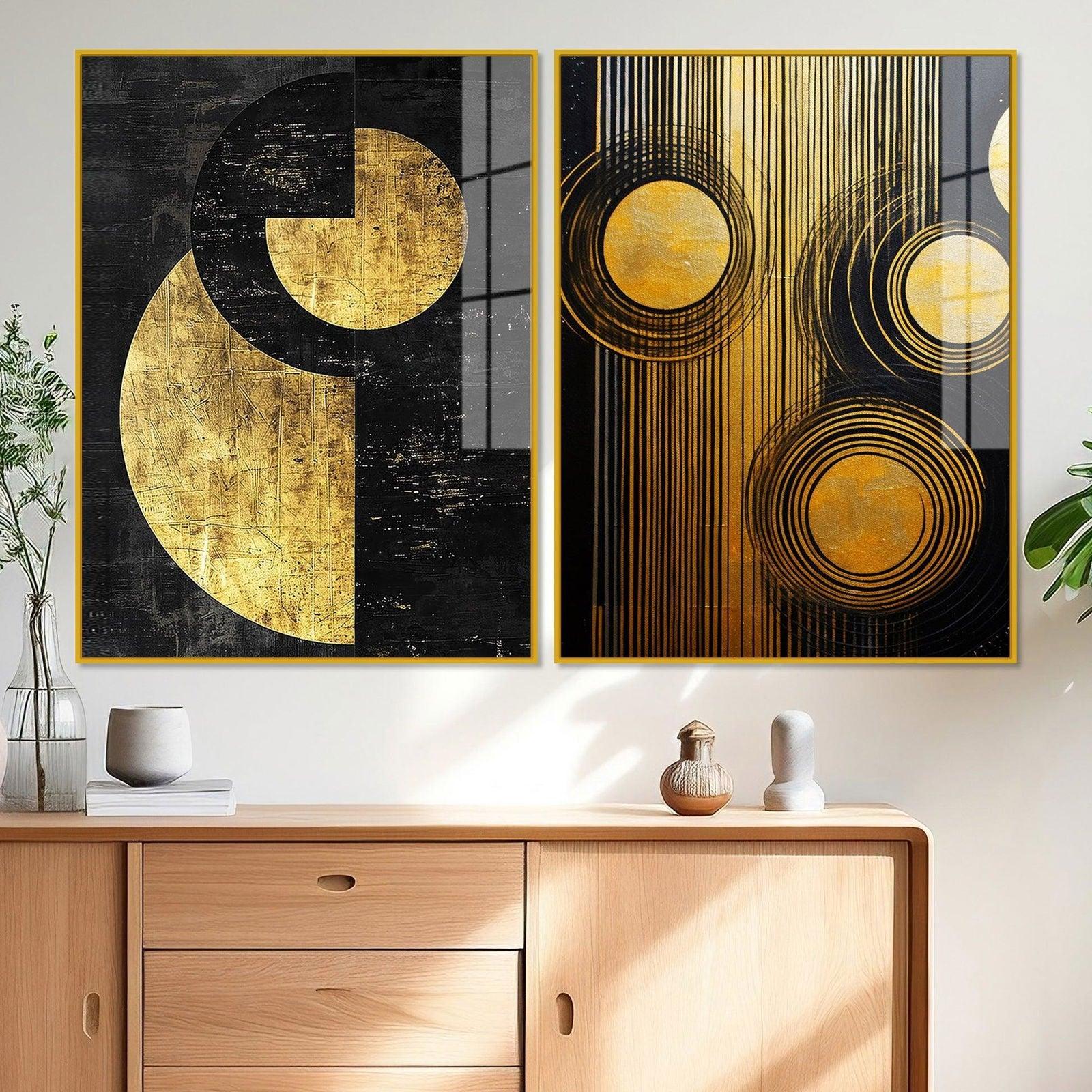 Abstract Golden Textured Line Art Acrylic Floating Wall Painting Set Of 2 - Decor Smart