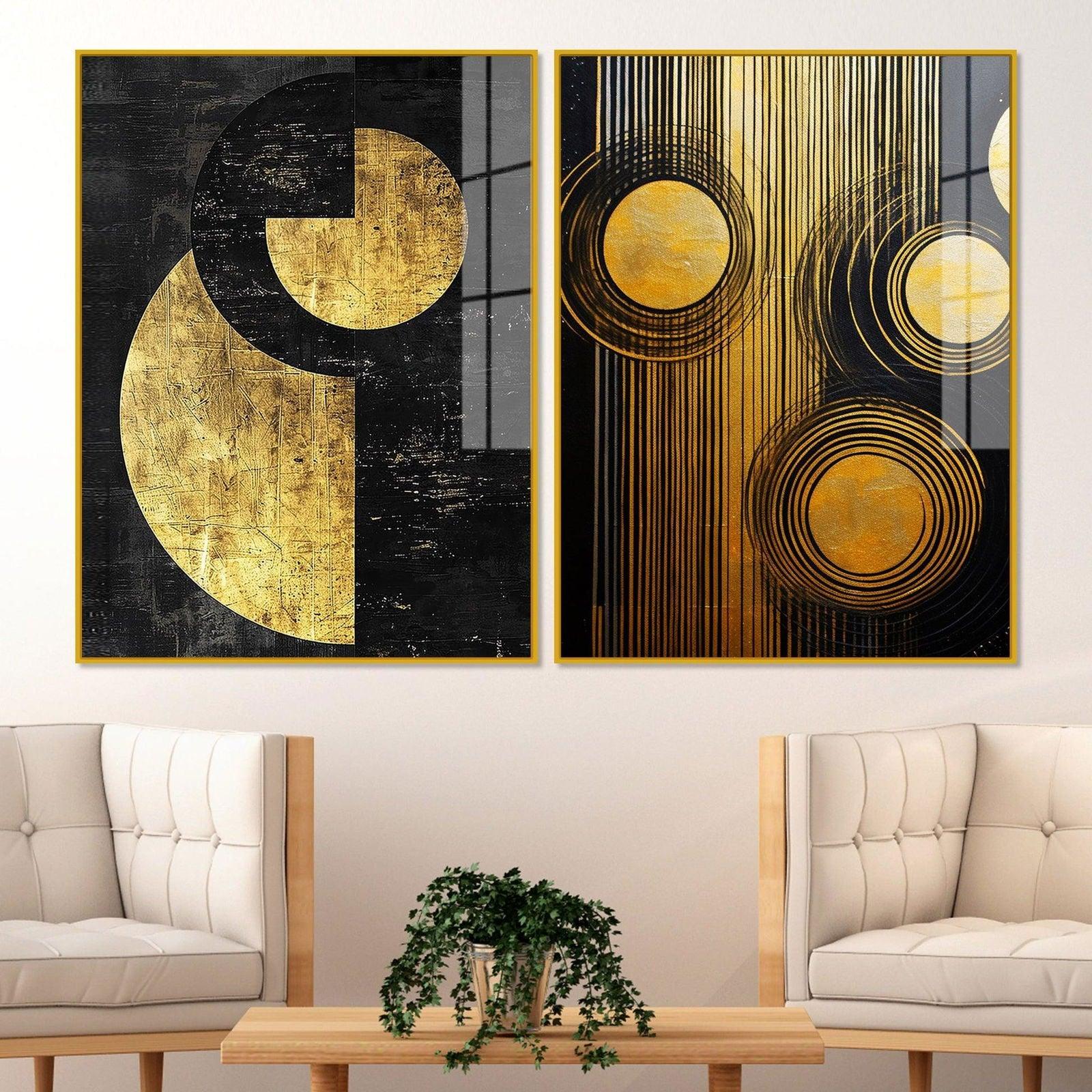 Abstract Golden Textured Line Art Acrylic Floating Wall Painting Set Of 2 - Decor Smart