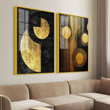 Abstract Golden Textured Line Art Acrylic Floating Wall Painting Set Of 2 - Decor Smart