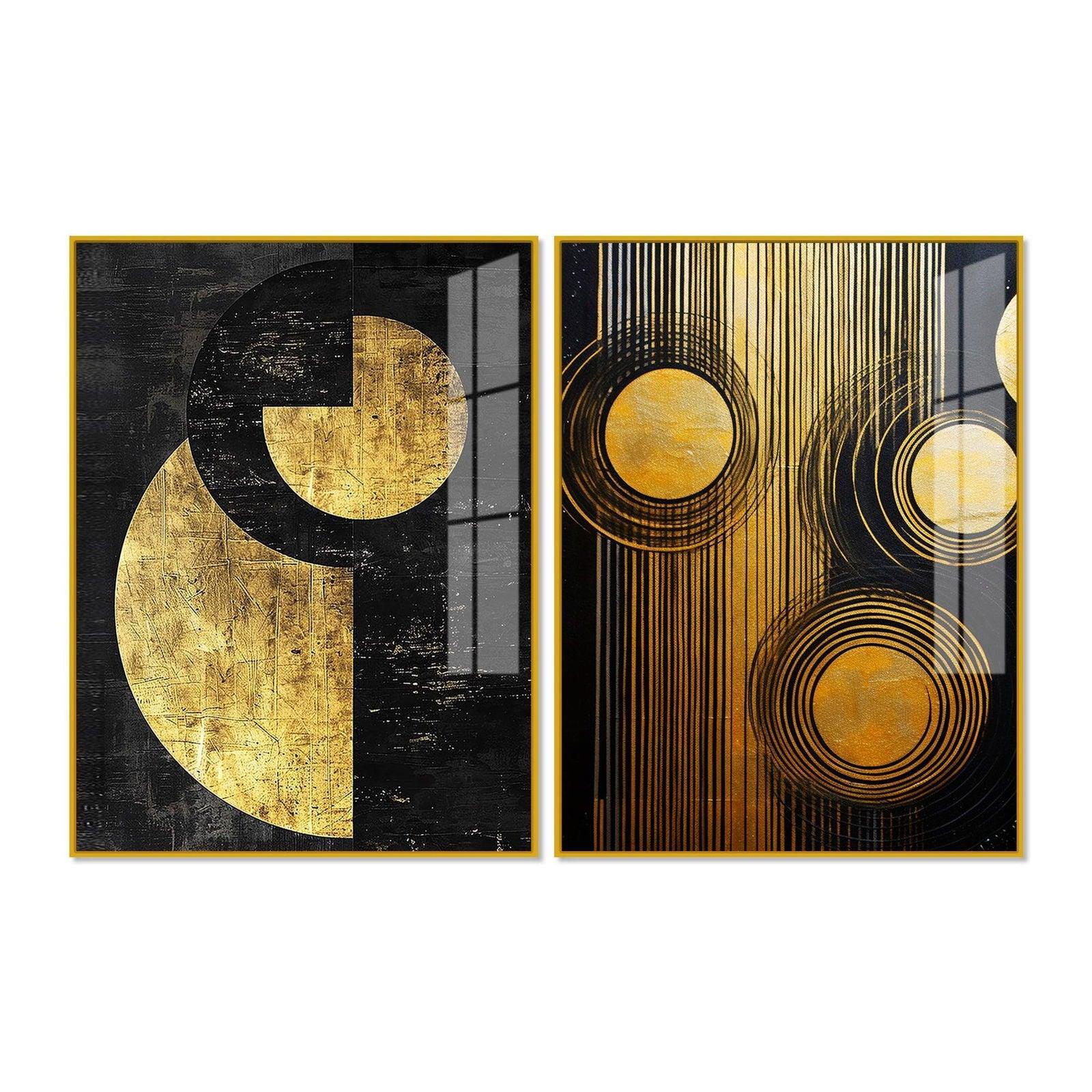 Abstract Golden Textured Line Art Acrylic Floating Wall Painting Set Of 2 - Decor Smart
