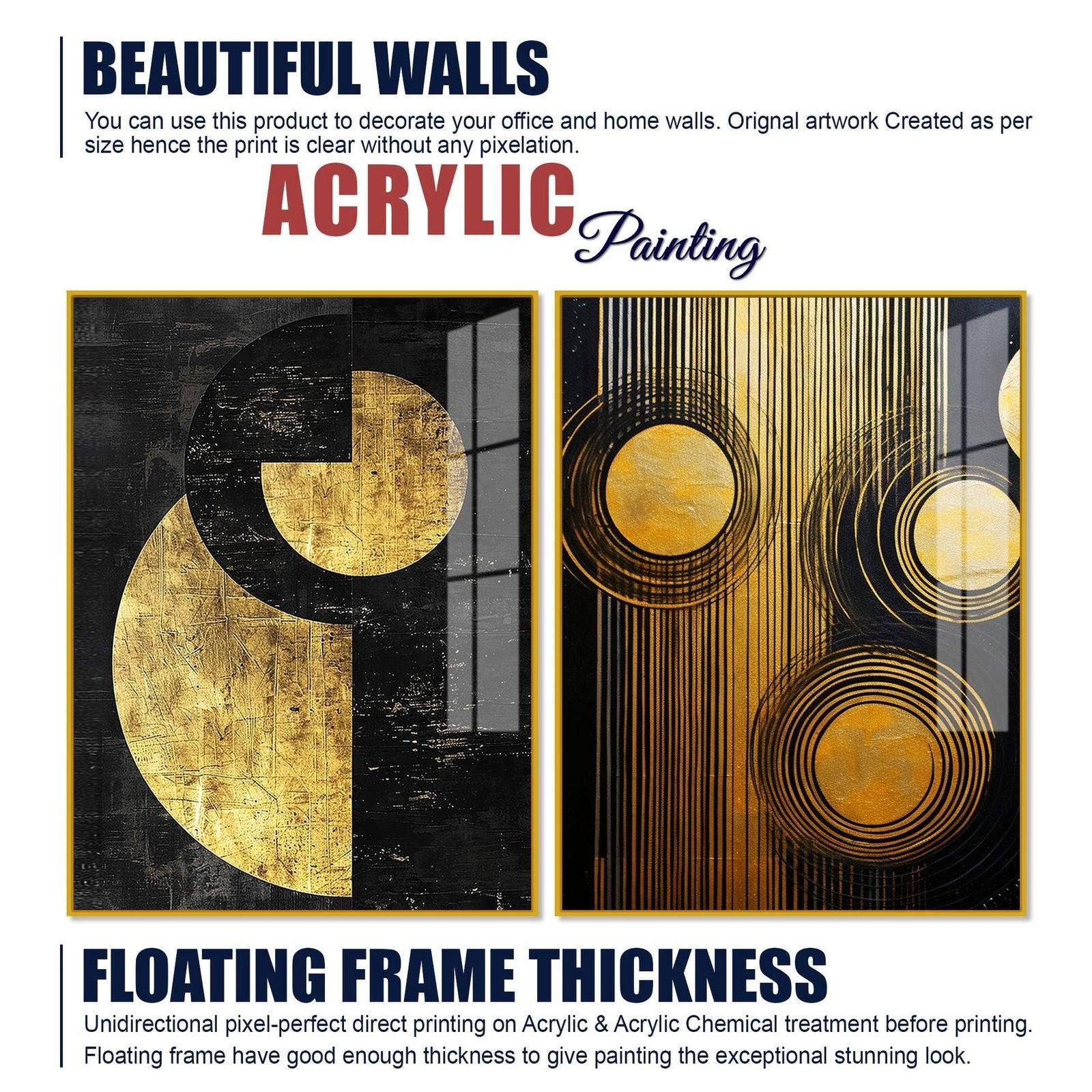Abstract Golden Textured Line Art Acrylic Floating Wall Painting Set Of 2 - Decor Smart
