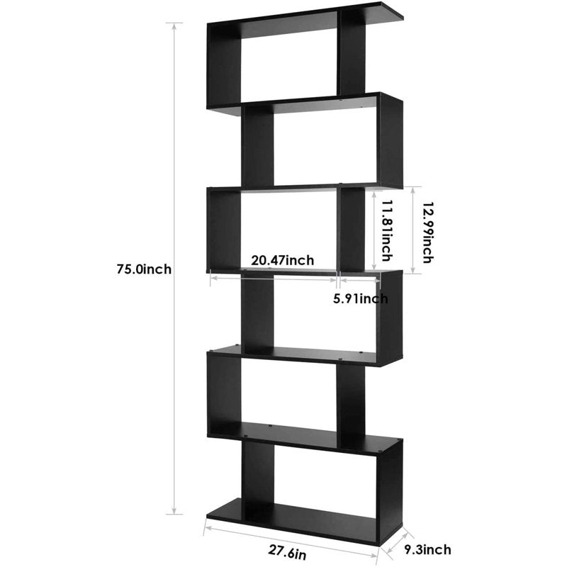 Modern Black S Shaped 6 Tier Geometric Bookcase Open Display Bookcase