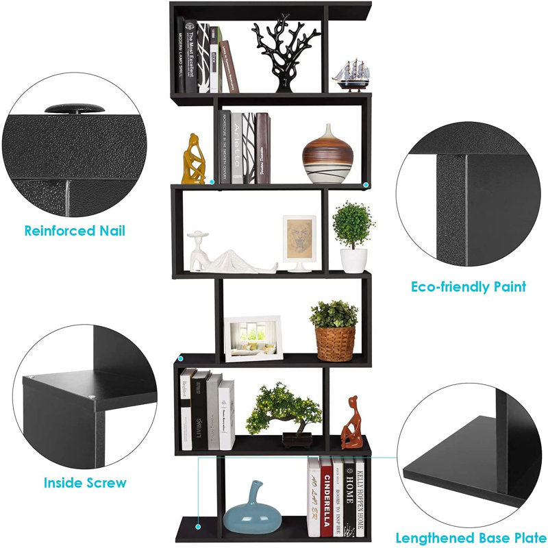 Modern Black S Shaped 6 Tier Geometric Bookcase Open Display Bookcase