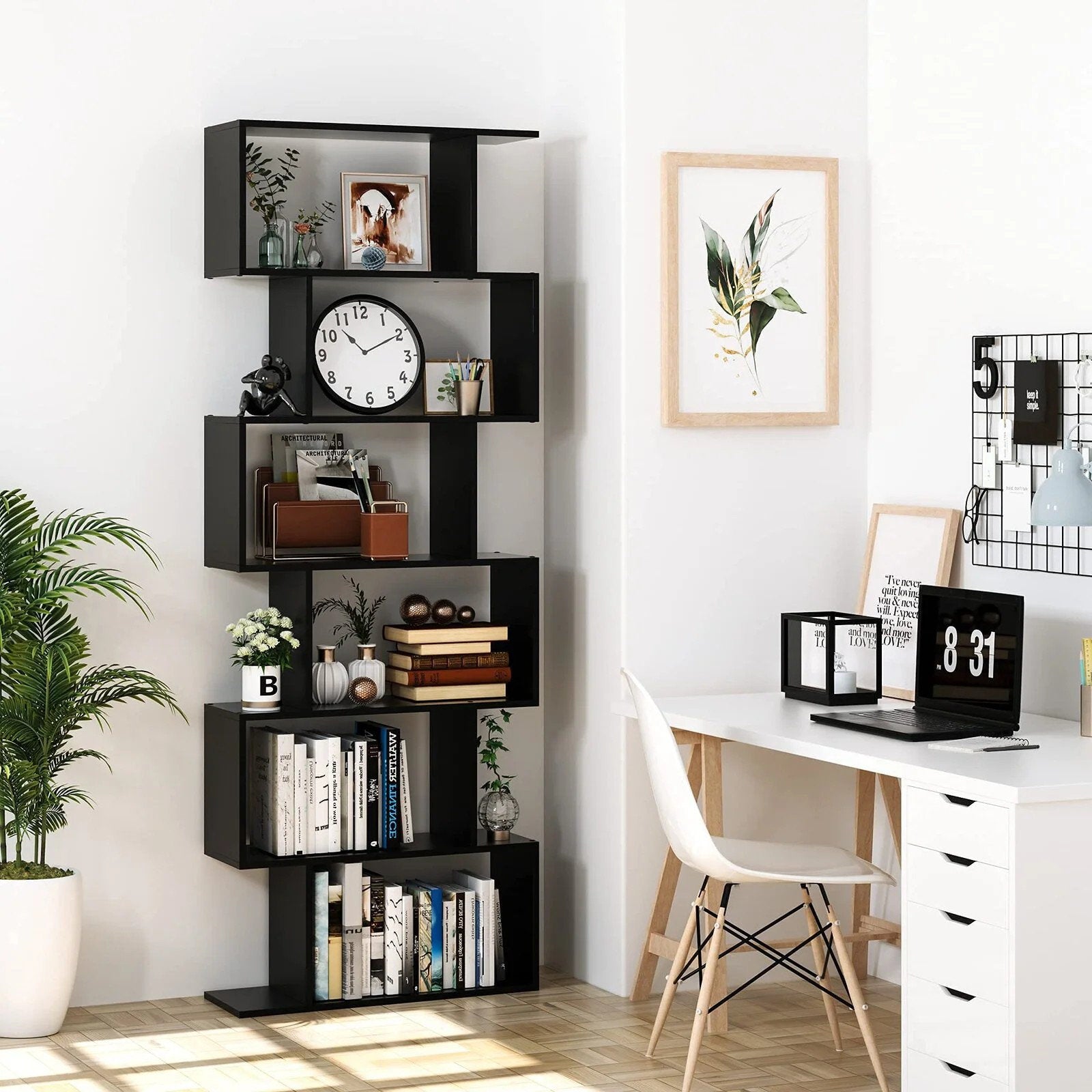 Modern Black S Shaped 6 Tier Geometric Bookcase Open Display Bookcase
