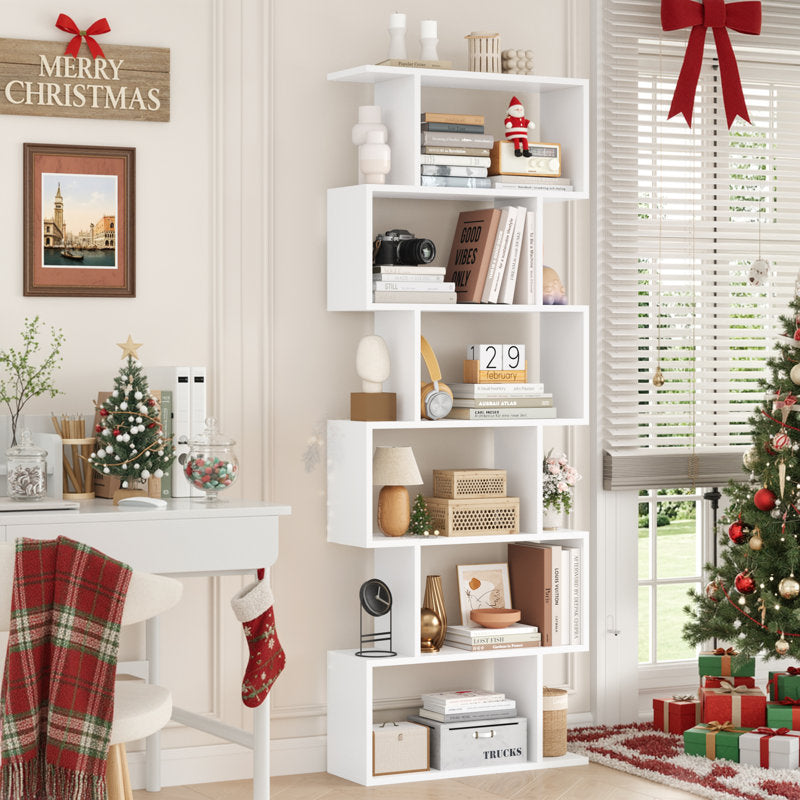 Modern White S Shaped 6 Tier Geometric Bookcase Open Display Bookcase