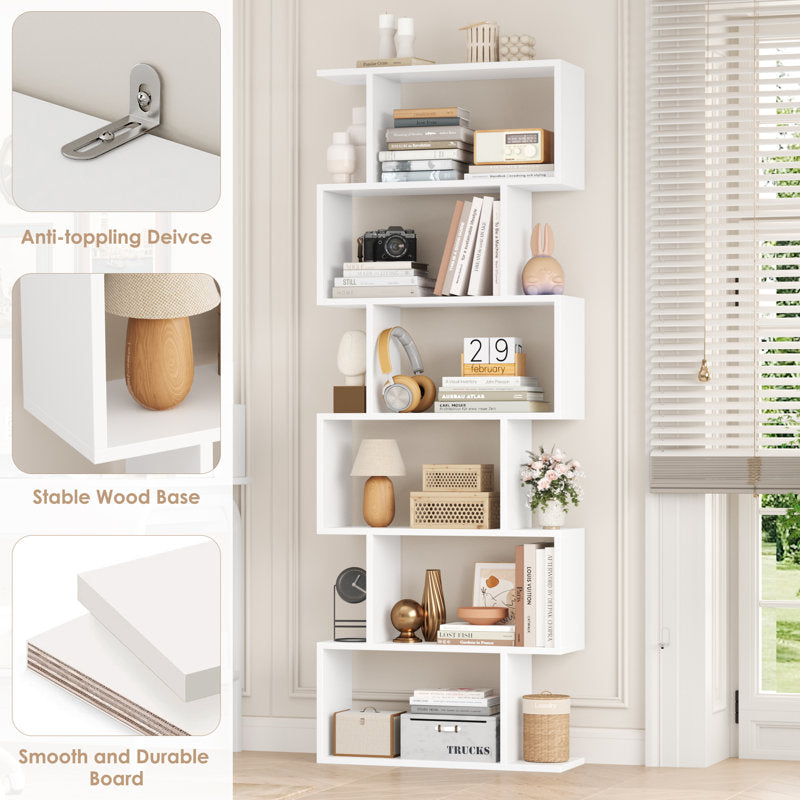 Modern White S Shaped 6 Tier Geometric Bookcase Open Display Bookcase
