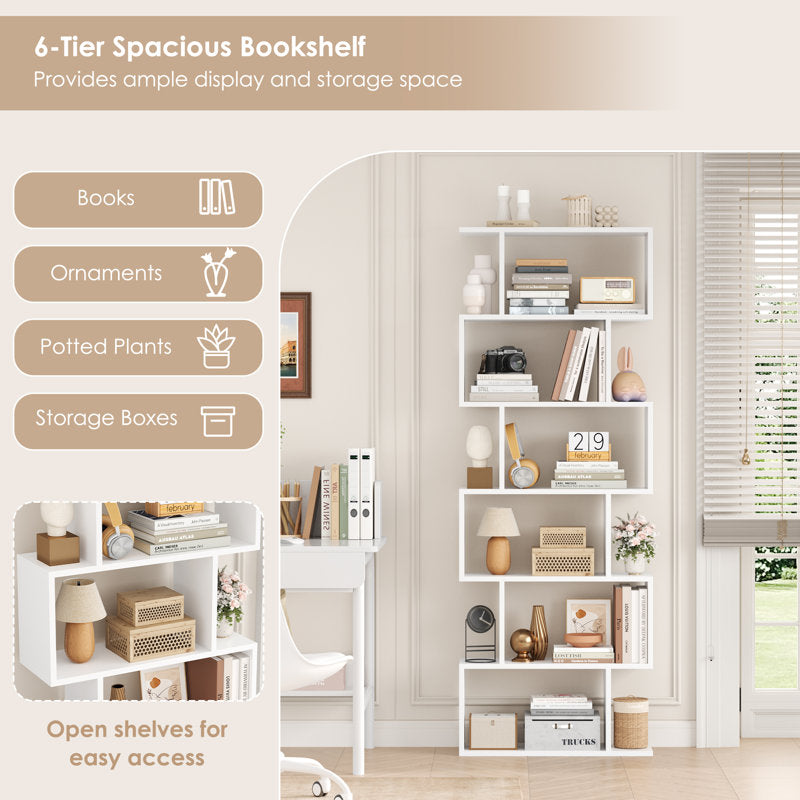 Modern White S Shaped 6 Tier Geometric Bookcase Open Display Bookcase