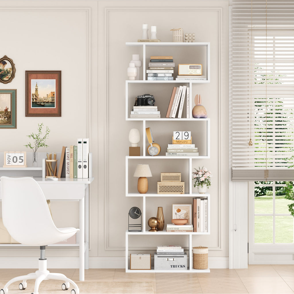 Modern White S Shaped 6 Tier Geometric Bookcase Open Display Bookcase