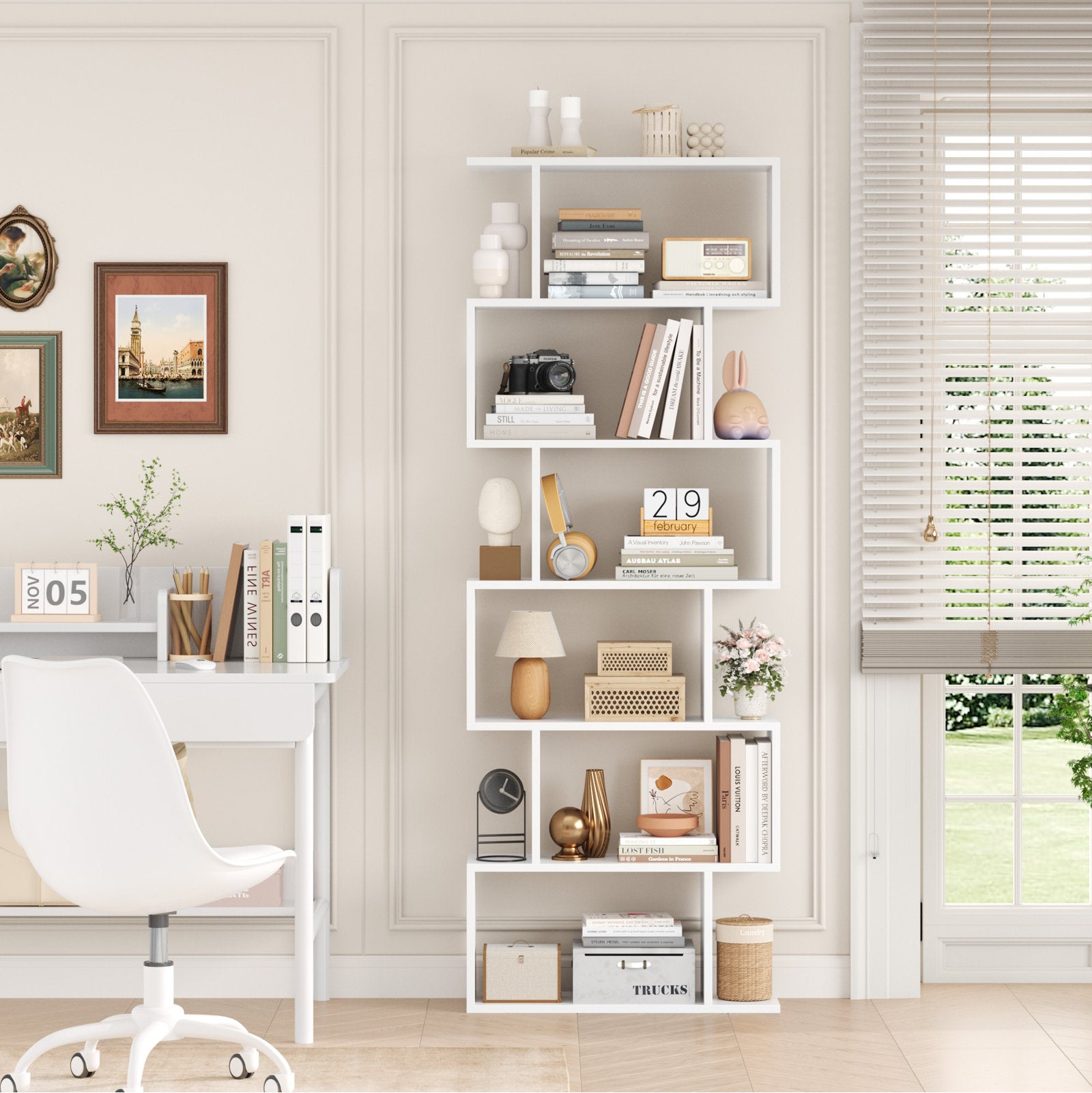 Modern White S Shaped 6 Tier Geometric Bookcase Open Display Bookcase
