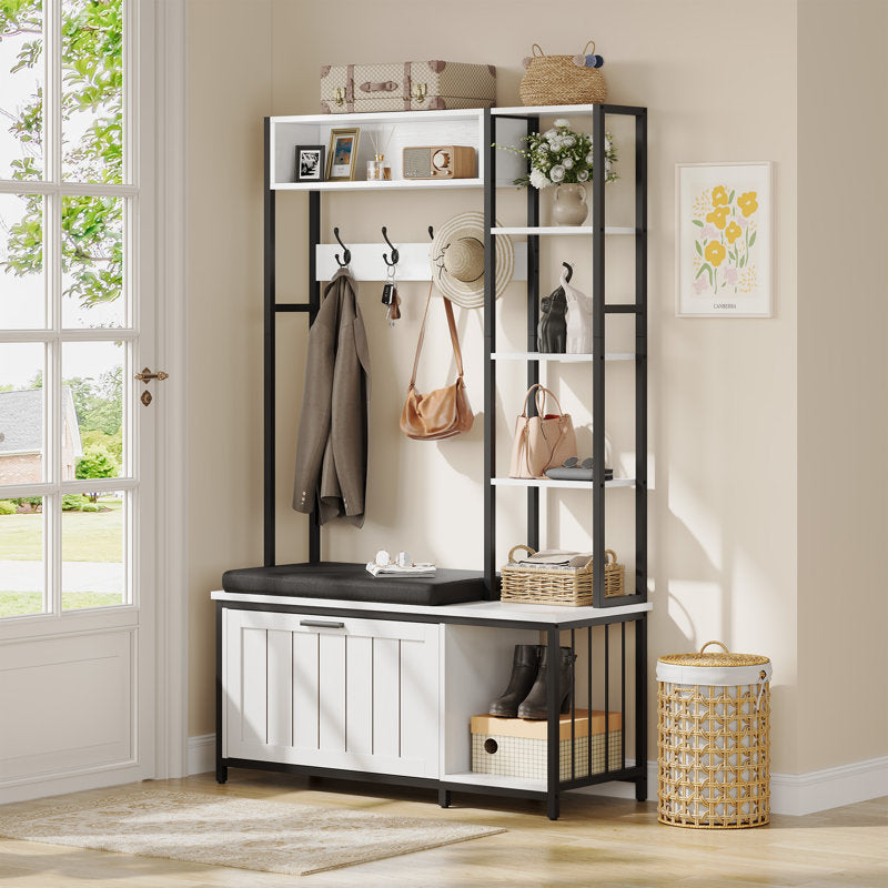 Modern Entryway Hall Tree With Bench Coat Rack and Storage Shelves