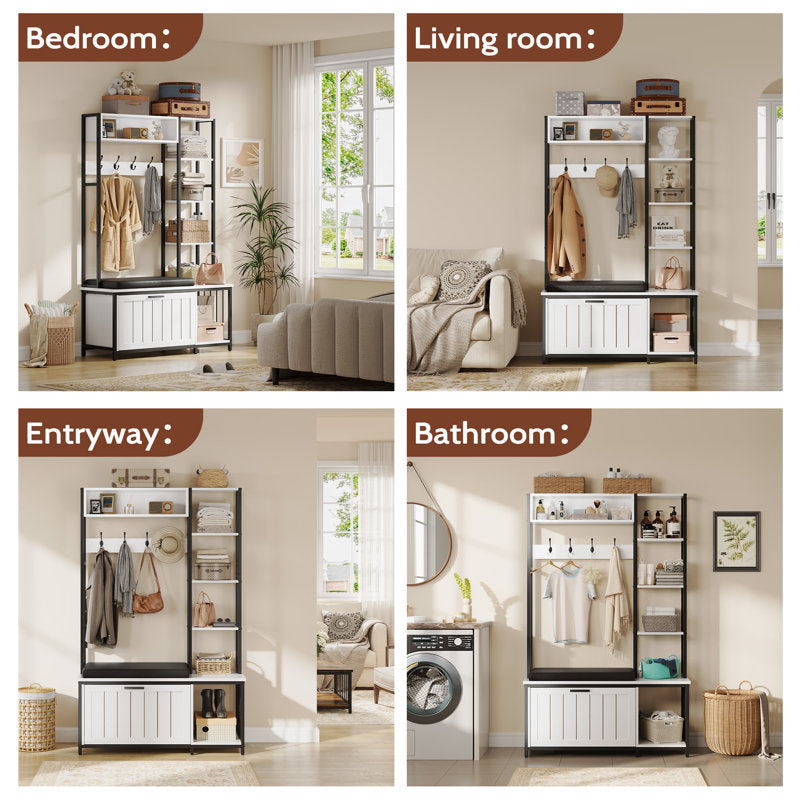 Modern Entryway Hall Tree With Bench Coat Rack and Storage Shelves