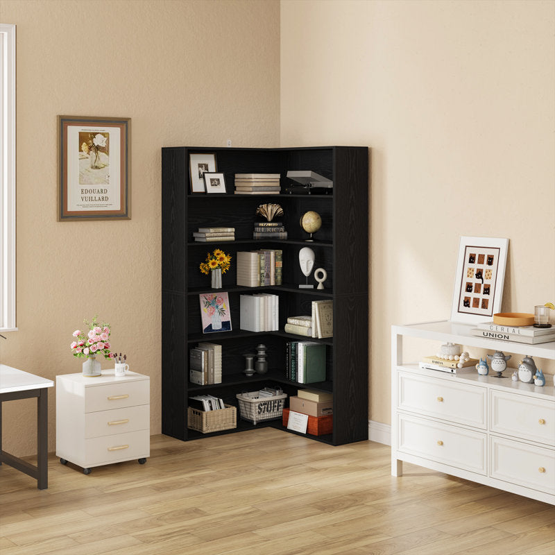 Black Corner Bookcase 5 Tier Space Saving Storage Shelf