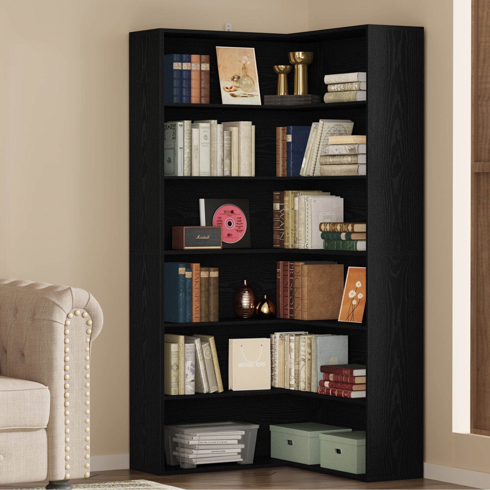 Black Corner Bookcase 5 Tier Space Saving Storage Shelf