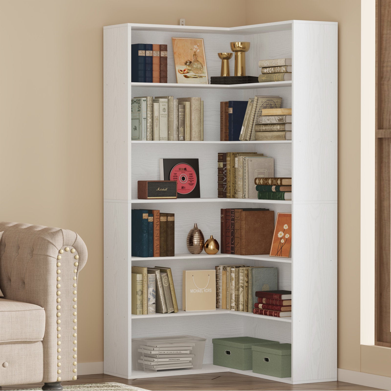 White Corner Bookcase 5 Tier Space Saving Storage Shelf
