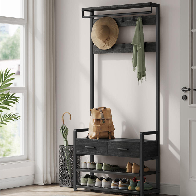 Contemporary Black Hall Tree Entryway Organizer With Shoe Rack
