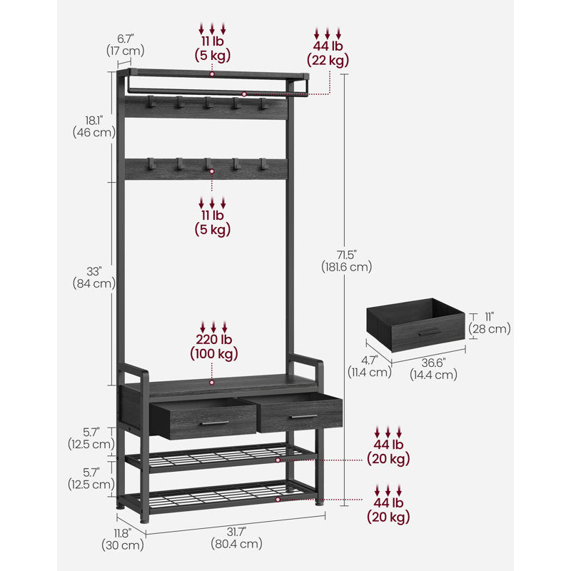 Contemporary Black Hall Tree Entryway Organizer With Shoe Rack