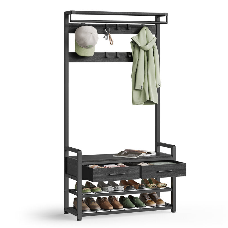 Contemporary Black Hall Tree Entryway Organizer With Shoe Rack