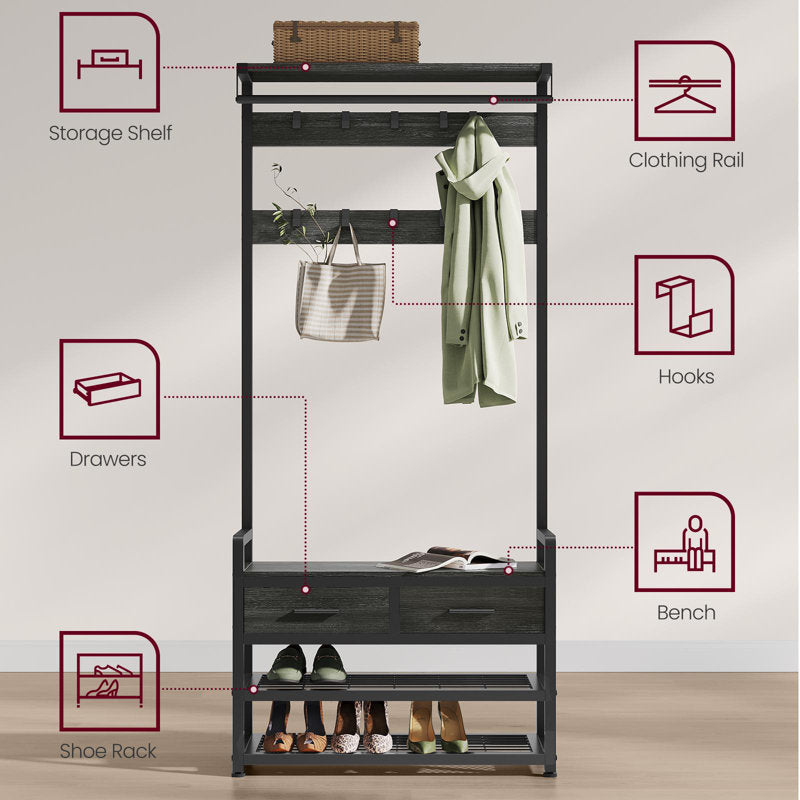Contemporary Black Hall Tree Entryway Organizer With Shoe Rack