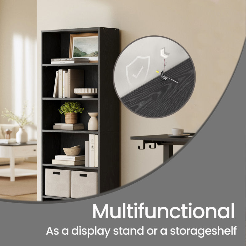 Modern Black 6 Tier Bookshelf Tall Open Storage Bookcase