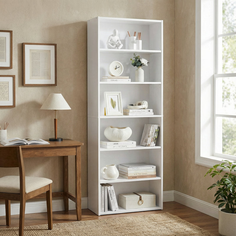 Modern White 6 Tier Bookshelf Tall Open Storage Bookcase