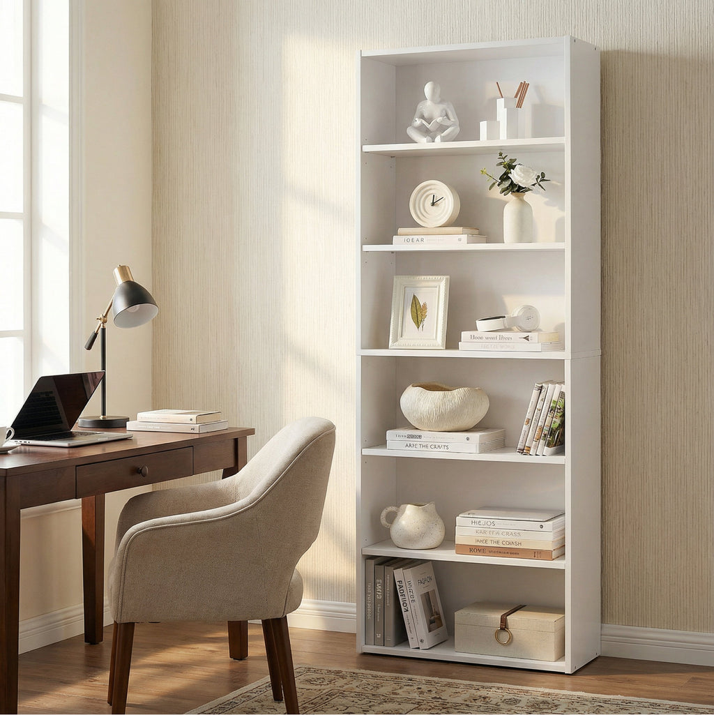 Modern White 6 Tier Bookshelf Tall Open Storage Bookcase