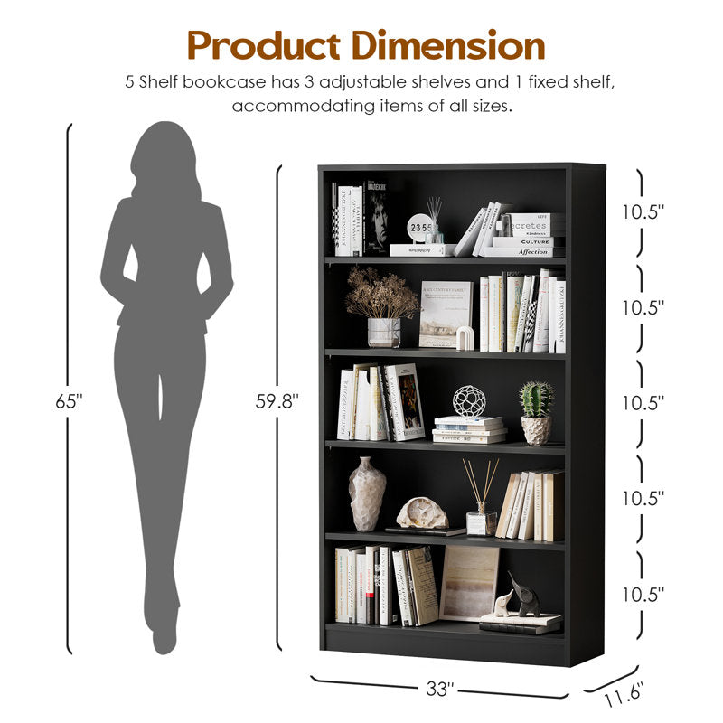 Modern Black 5 Tier Bookshelf Tall Open Storage Bookcase