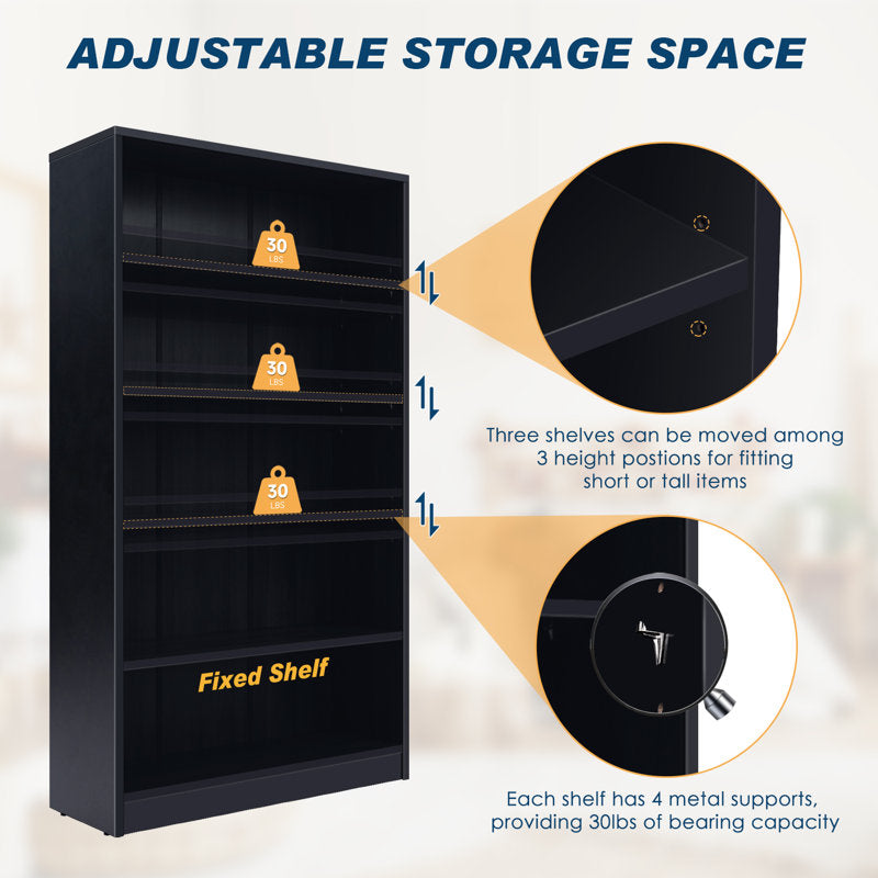 Modern Black 5 Tier Bookshelf Tall Open Storage Bookcase