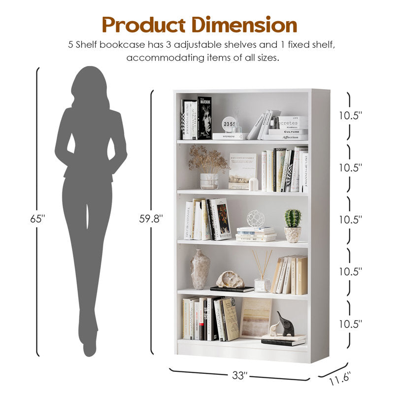 Modern White 5 Tier Bookshelf Tall Open Storage Bookcase
