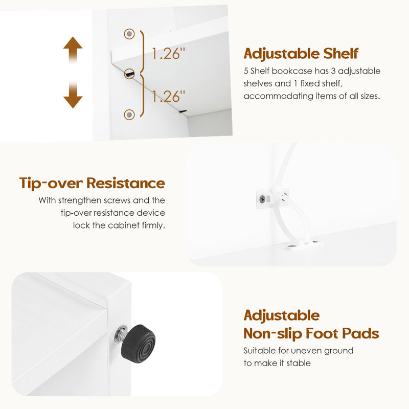 Modern White 5 Tier Bookshelf Tall Open Storage Bookcase