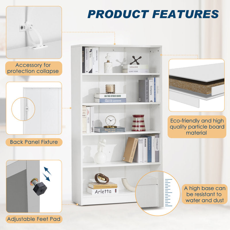 Modern White 5 Tier Bookshelf Tall Open Storage Bookcase