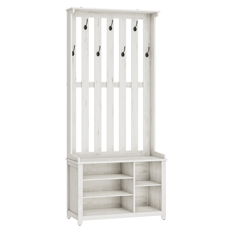 Minimalist White Entryway Hall Tree With Shoe Rack and Bench