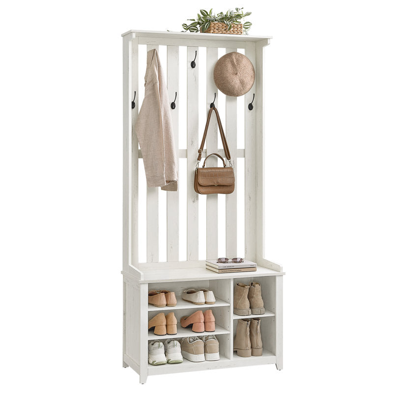 Minimalist White Entryway Hall Tree With Shoe Rack and Bench
