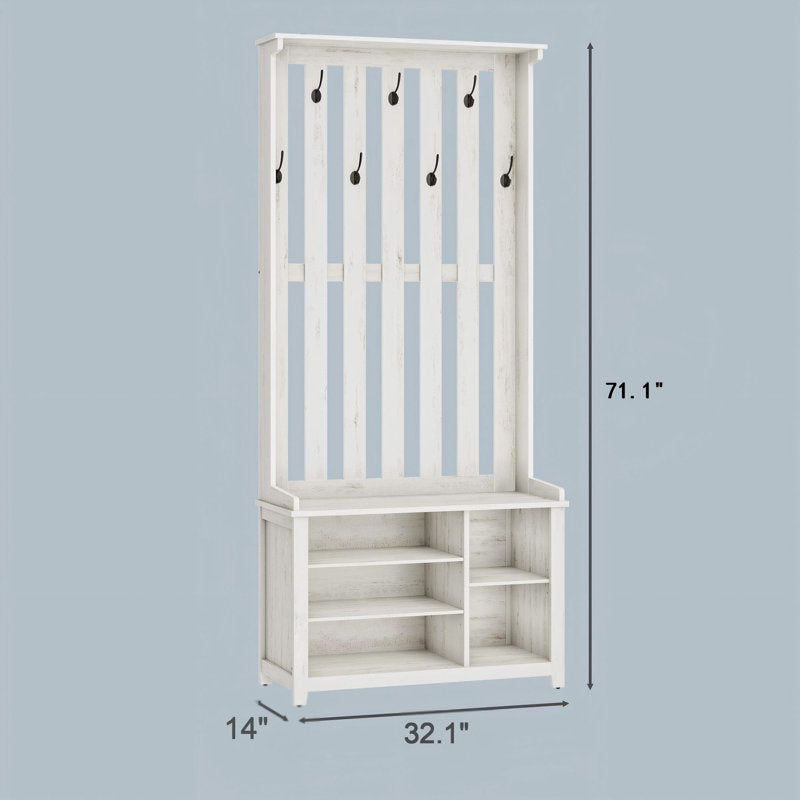 Minimalist White Entryway Hall Tree With Shoe Rack and Bench