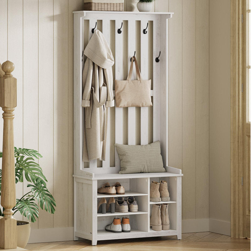 Minimalist White Entryway Hall Tree With Shoe Rack and Bench