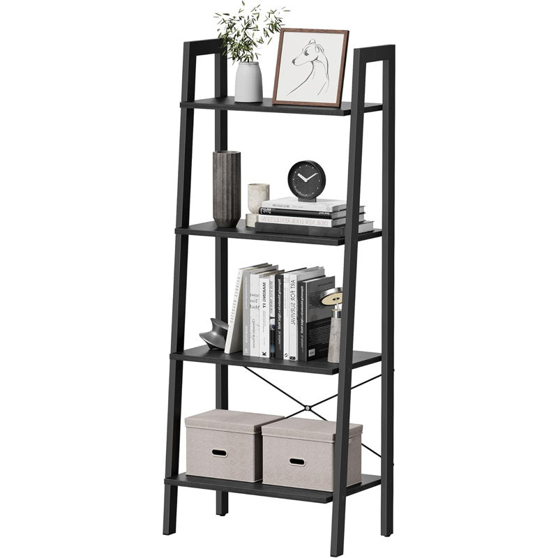 Modern Black Ladder Bookcase 4 Tier Open Storage Shelf
