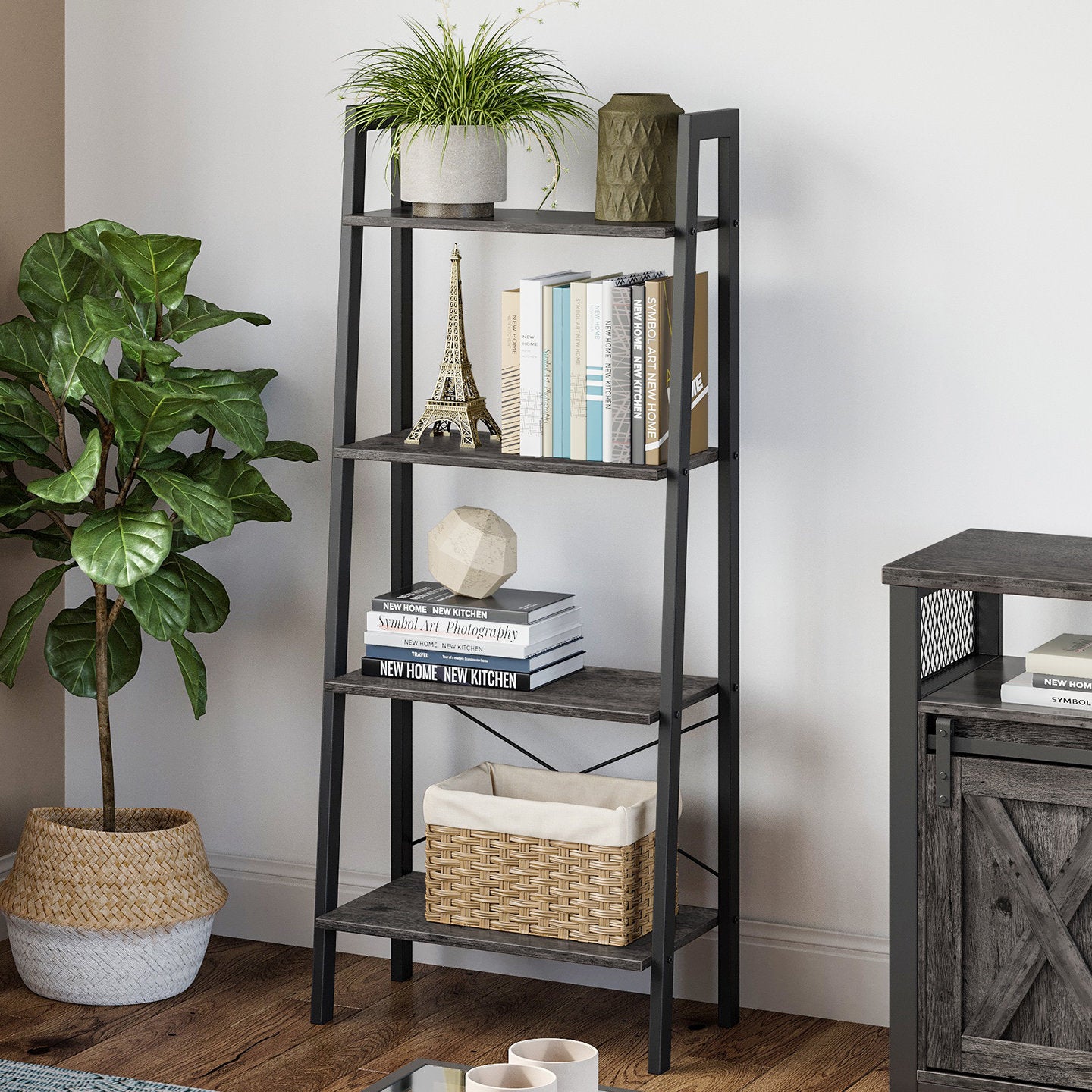 Modern Black Ladder Bookcase 4 Tier Open Storage Shelf