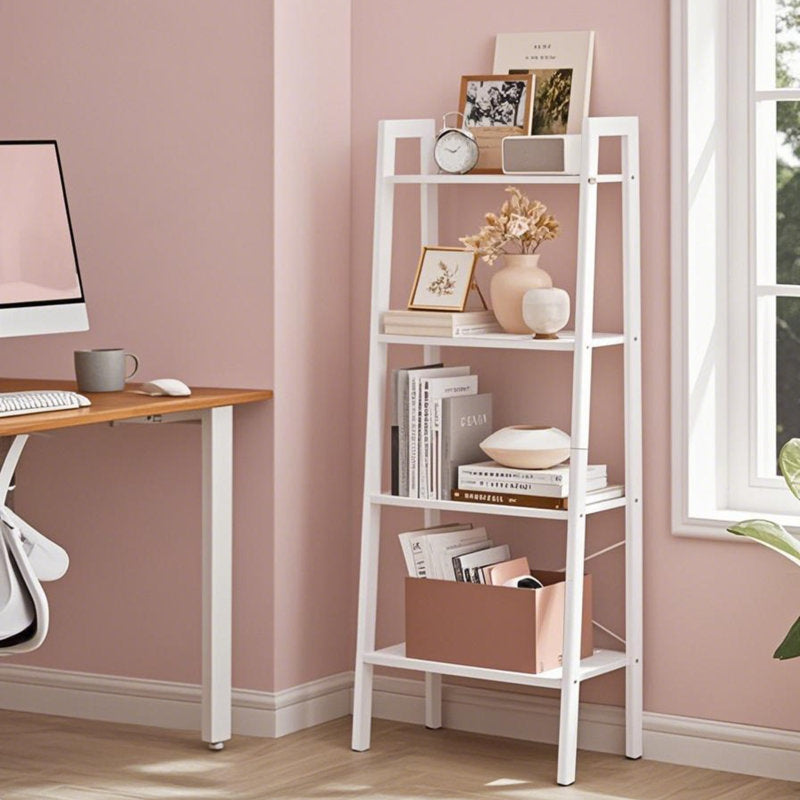 Modern White Ladder Bookcase 4 Tier Open Storage Shelf
