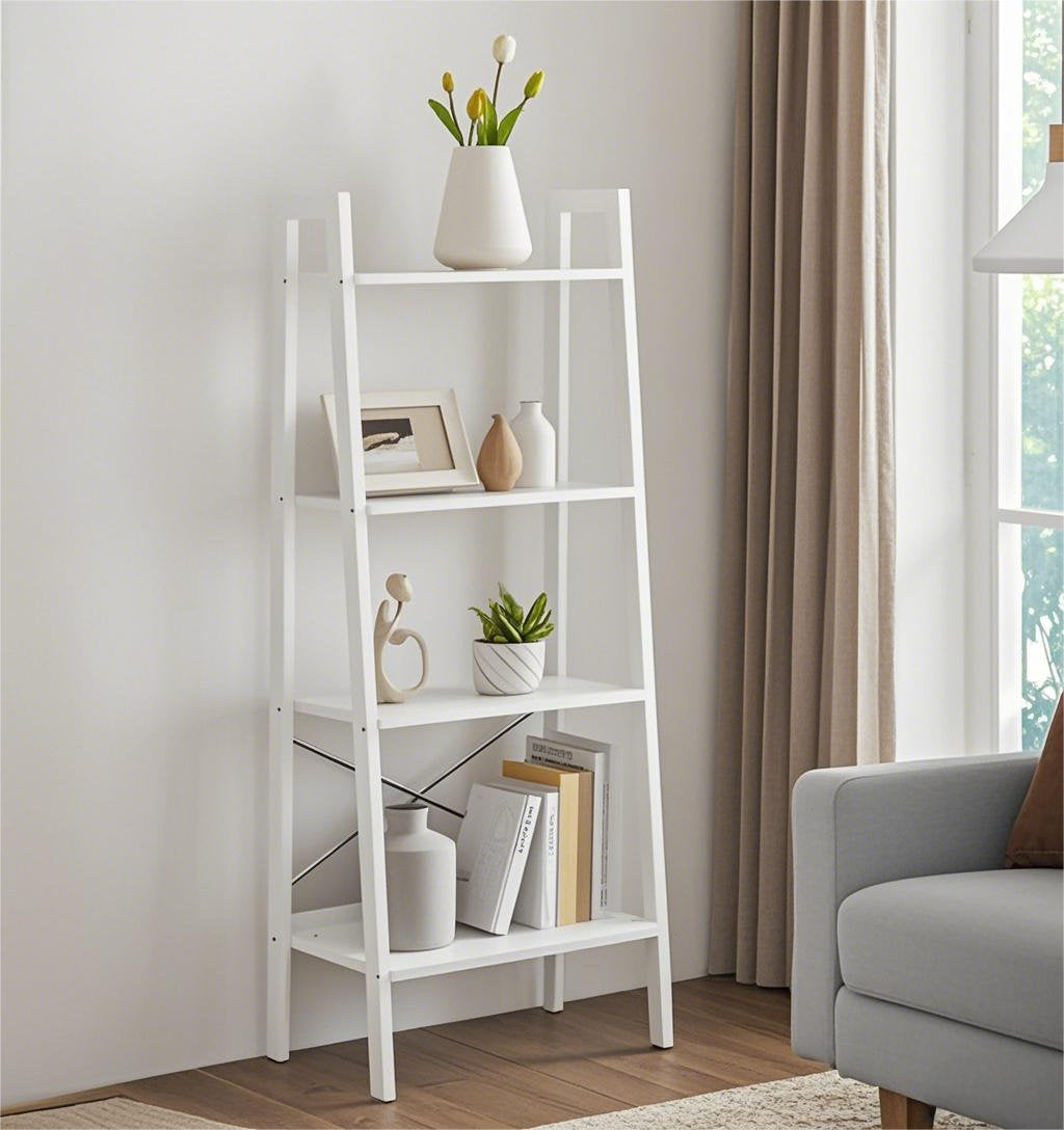 Modern White Ladder Bookcase 4 Tier Open Storage Shelf