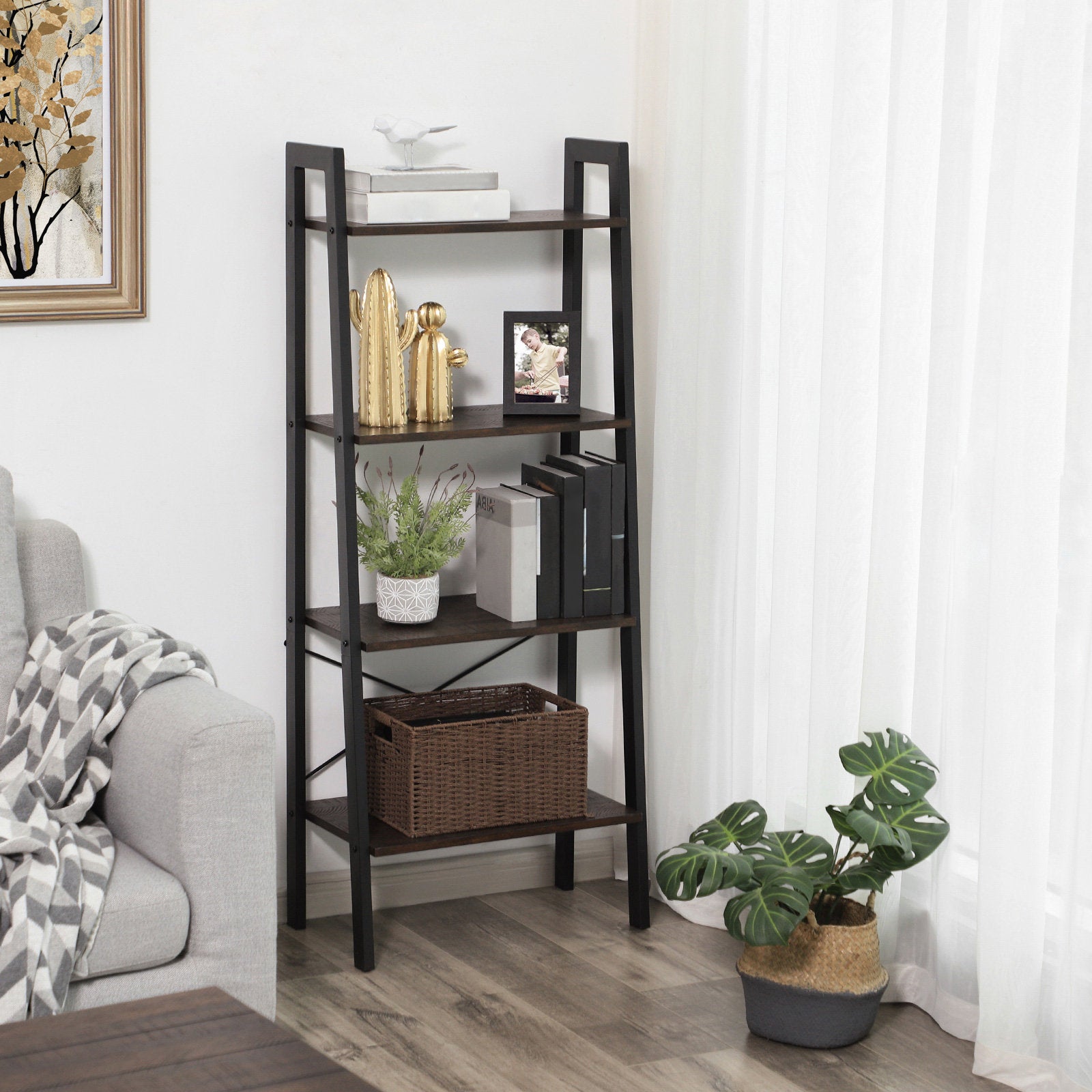 Modern Brown Ladder Bookcase 4 Tier Open Storage Shelf