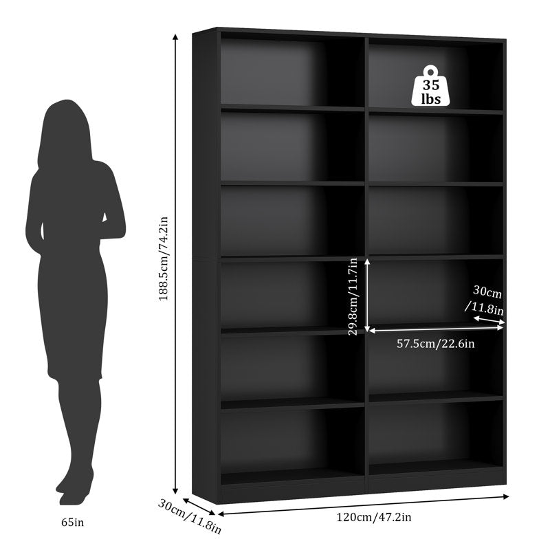 Modern Black Double Wide Bookshelf 5 Tier Open Storage Bookcase