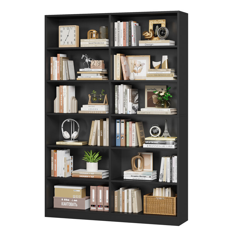 Modern Black Double Wide Bookshelf 5 Tier Open Storage Bookcase