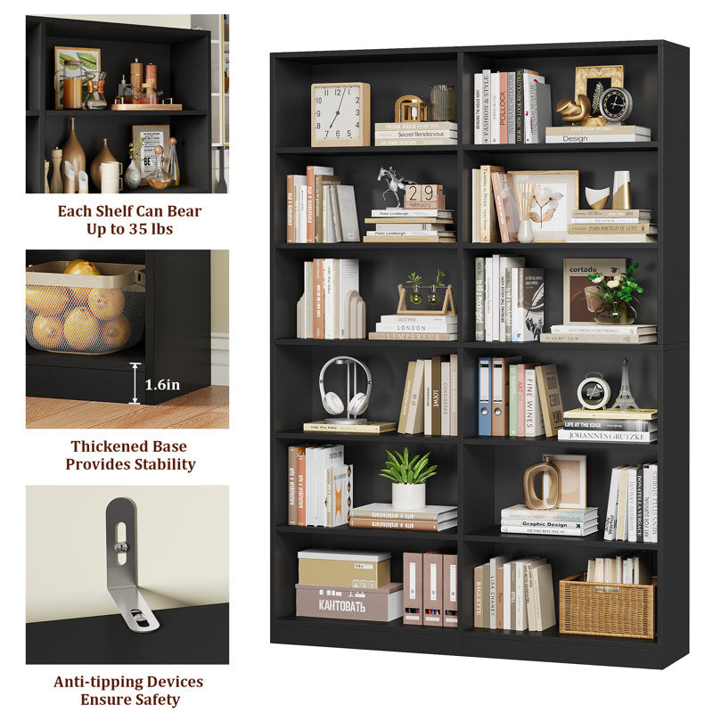 Modern Black Double Wide Bookshelf 5 Tier Open Storage Bookcase